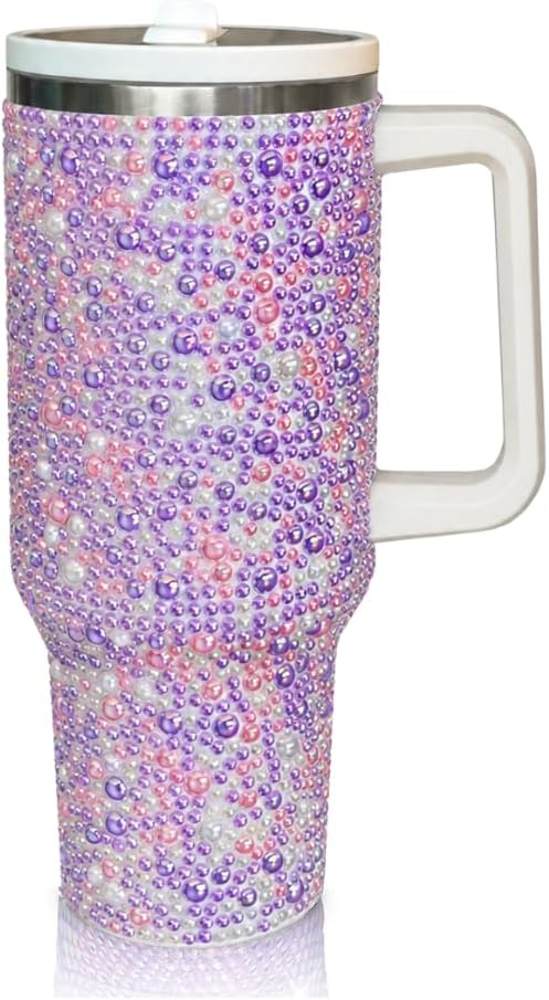 40 Oz Rhinestone Tumbler with Handle and Flip Straw | Insulated Stainless Steel Double Layer Bling Tumbler | Leak Proof Glitter Tumbler for Women | Reusable 1200ml Travel Bling Cups Pink