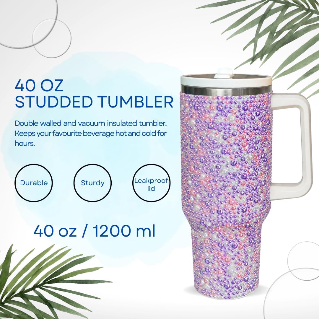 40 Oz Rhinestone Tumbler with Handle and Flip Straw | Insulated Stainless Steel Double Layer Bling Tumbler | Leak Proof Glitter Tumbler for Women | Reusable 1200ml Travel Bling Cups Pink