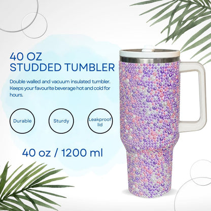 40 Oz Rhinestone Tumbler with Handle and Flip Straw | Insulated Stainless Steel Double Layer Bling Tumbler | Leak Proof Glitter Tumbler for Women | Reusable 1200ml Travel Bling Cups Pink