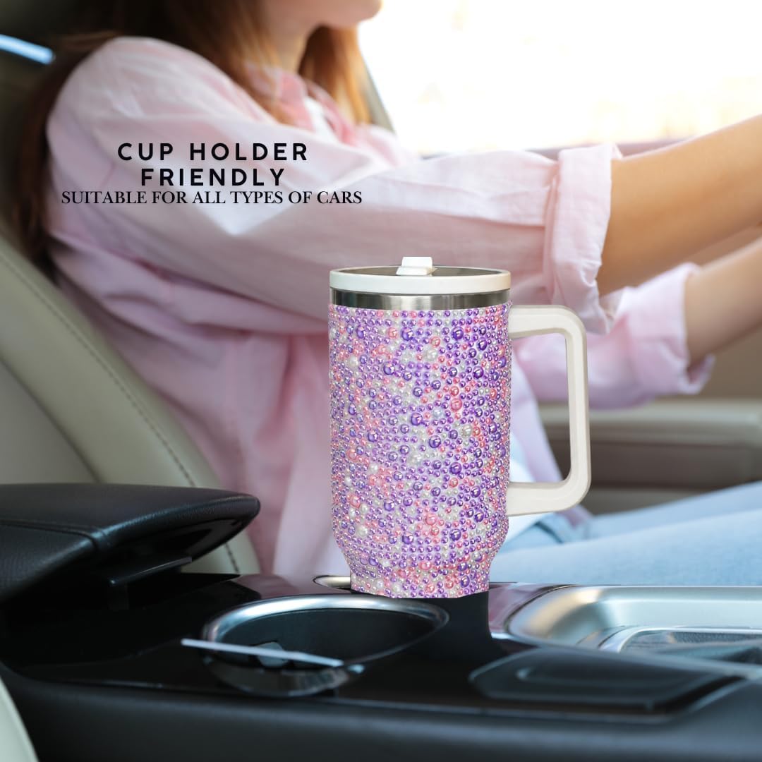 40 Oz Rhinestone Tumbler with Handle and Flip Straw | Insulated Stainless Steel Double Layer Bling Tumbler | Leak Proof Glitter Tumbler for Women | Reusable 1200ml Travel Bling Cups Pink