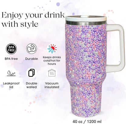 40 Oz Rhinestone Tumbler with Handle and Flip Straw | Insulated Stainless Steel Double Layer Bling Tumbler | Leak Proof Glitter Tumbler for Women | Reusable 1200ml Travel Bling Cups Pink
