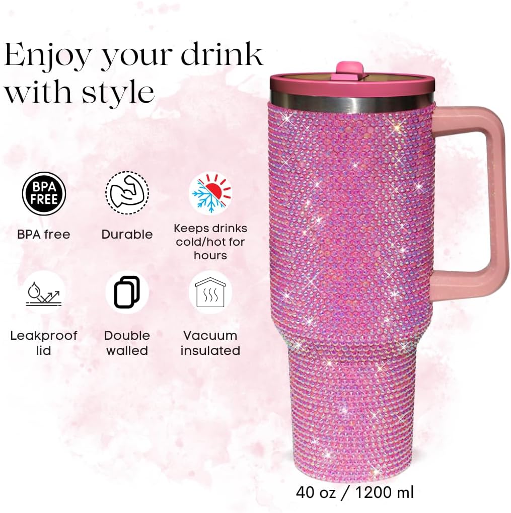40 Oz Rhinestone Tumbler with Handle and Flip Straw | Insulated Stainless Steel Double Layer Bling Tumbler | Leak Proof Glitter Tumbler for Women | Reusable 1200ml Travel Bling Cups Pink