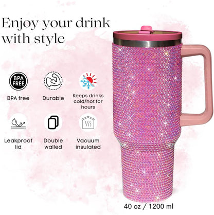 40 Oz Rhinestone Tumbler with Handle and Flip Straw | Insulated Stainless Steel Double Layer Bling Tumbler | Leak Proof Glitter Tumbler for Women | Reusable 1200ml Travel Bling Cups Pink