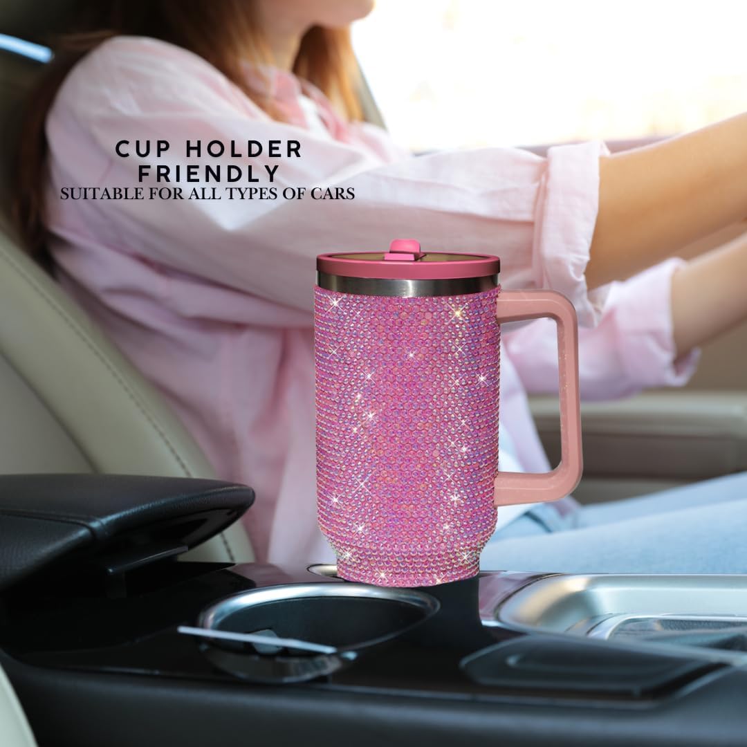 40 Oz Rhinestone Tumbler with Handle and Flip Straw | Insulated Stainless Steel Double Layer Bling Tumbler | Leak Proof Glitter Tumbler for Women | Reusable 1200ml Travel Bling Cups Pink