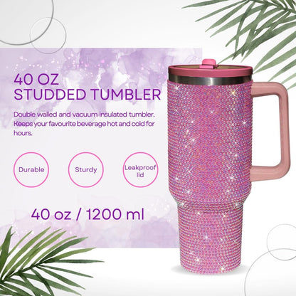 40 Oz Rhinestone Tumbler with Handle and Flip Straw | Insulated Stainless Steel Double Layer Bling Tumbler | Leak Proof Glitter Tumbler for Women | Reusable 1200ml Travel Bling Cups Pink