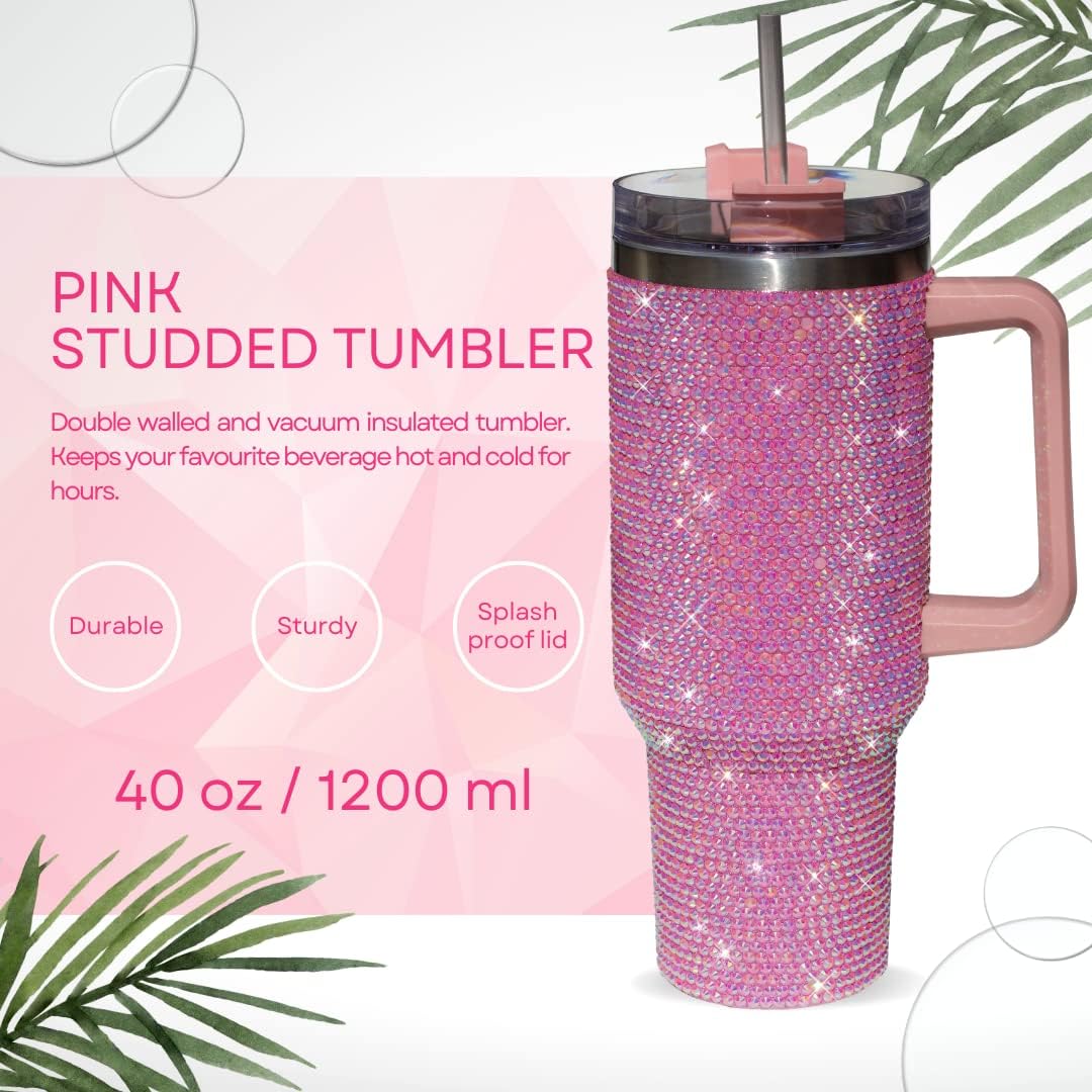 40 Oz Rhinestone Tumbler with Handle and Flip Straw | Insulated Stainless Steel Double Layer Bling Tumbler | Leak Proof Glitter Tumbler for Women | Reusable 1200ml Travel Bling Cups Pink