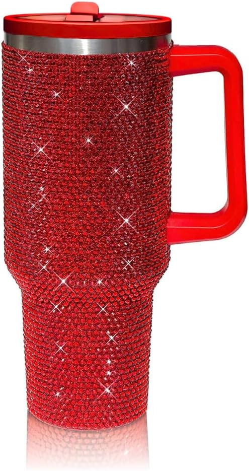 40 Oz Rhinestone Tumbler with Handle and Flip Straw | Insulated Stainless Steel Double Layer Bling Tumbler | Leak Proof Glitter Tumbler for Women | Reusable 1200ml Travel Bling Cups Pink