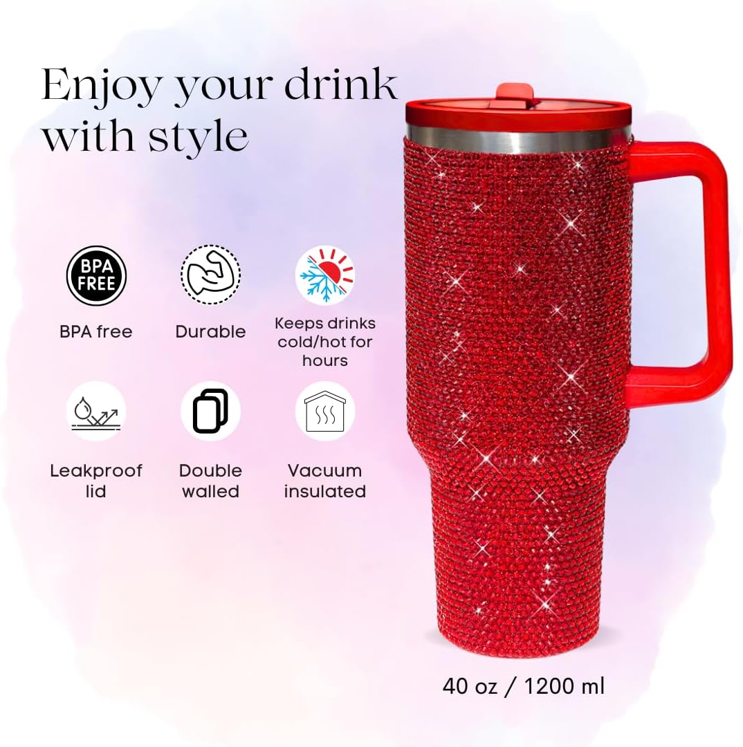 40 Oz Rhinestone Tumbler with Handle and Flip Straw | Insulated Stainless Steel Double Layer Bling Tumbler | Leak Proof Glitter Tumbler for Women | Reusable 1200ml Travel Bling Cups Pink