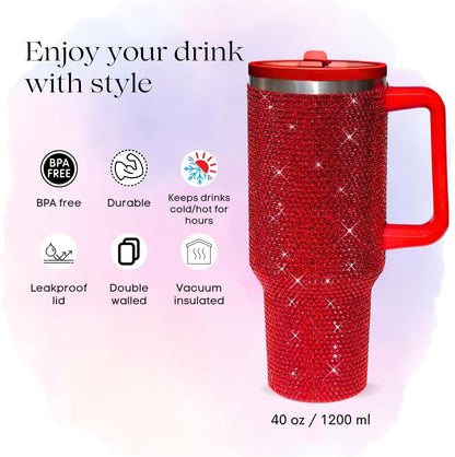 40 Oz Rhinestone Tumbler with Handle and Flip Straw | Insulated Stainless Steel Double Layer Bling Tumbler | Leak Proof Glitter Tumbler for Women | Reusable 1200ml Travel Bling Cups Pink