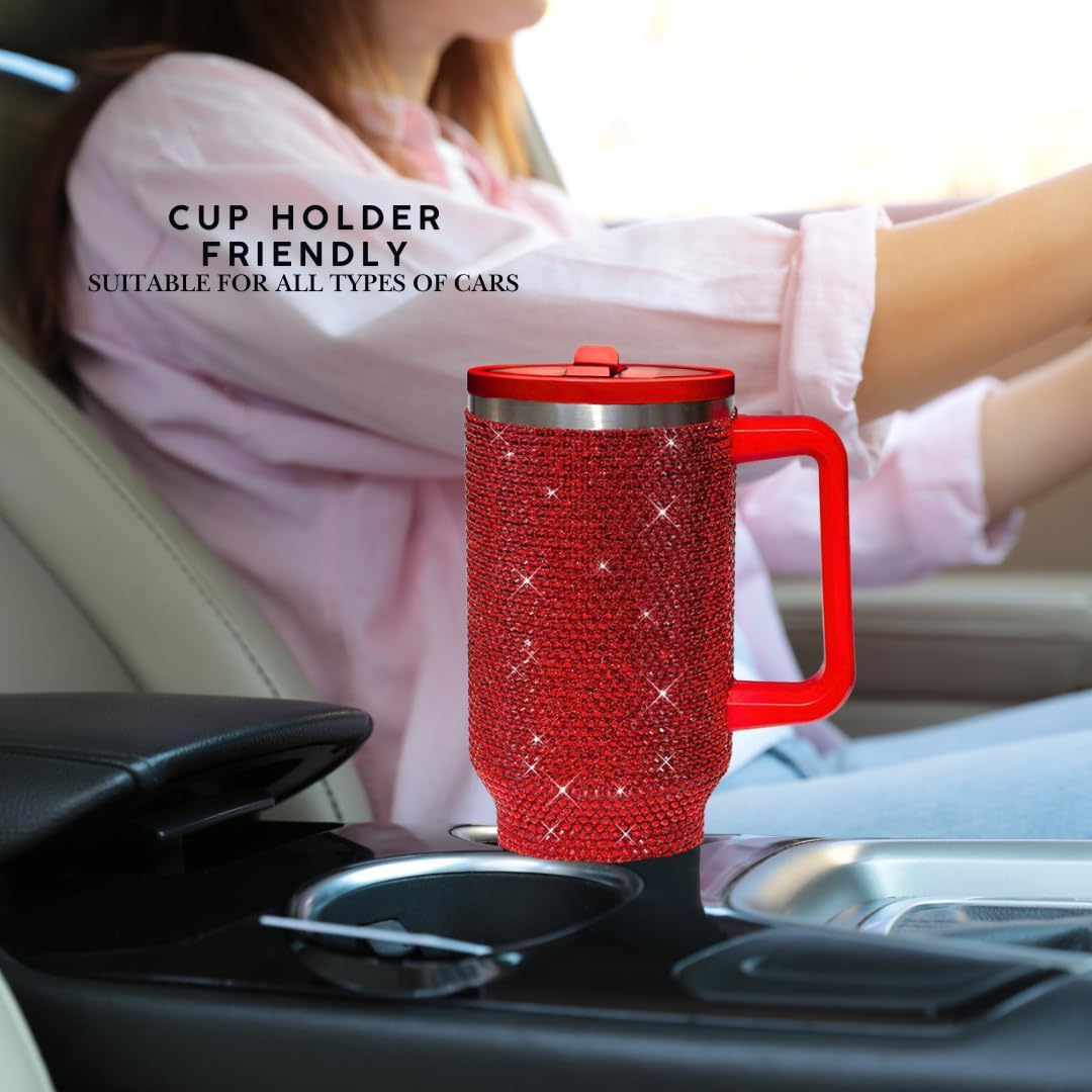 40 Oz Rhinestone Tumbler with Handle and Flip Straw | Insulated Stainless Steel Double Layer Bling Tumbler | Leak Proof Glitter Tumbler for Women | Reusable 1200ml Travel Bling Cups Pink