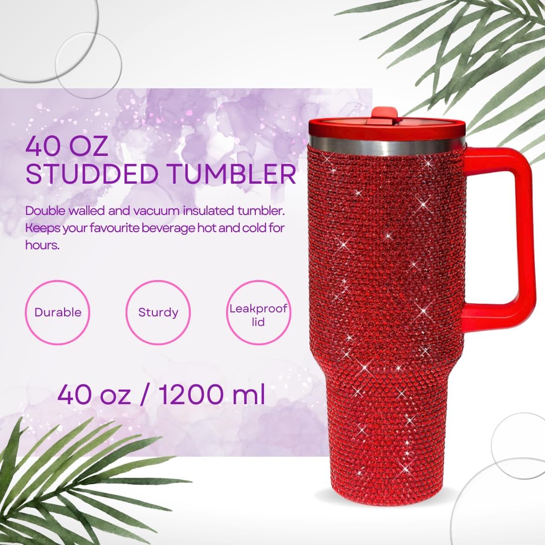 40 Oz Rhinestone Tumbler with Handle and Flip Straw | Insulated Stainless Steel Double Layer Bling Tumbler | Leak Proof Glitter Tumbler for Women | Reusable 1200ml Travel Bling Cups Pink
