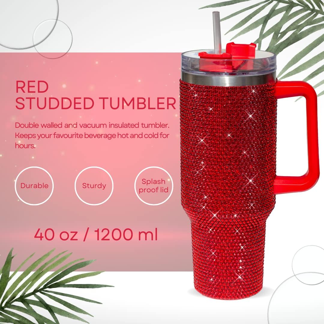 40 Oz Rhinestone Tumbler with Handle and Flip Straw | Insulated Stainless Steel Double Layer Bling Tumbler | Leak Proof Glitter Tumbler for Women | Reusable 1200ml Travel Bling Cups Pink