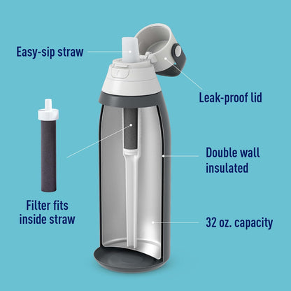 Stainless Steel Premium Filtering Water Bottle, BPA-Free, Reusable, Insulated, Replaces 300 Plastic Water Bottles, Filter Lasts 2 Months or 40 Gallons, Includes 1 Filter, Carbon - 32 oz
