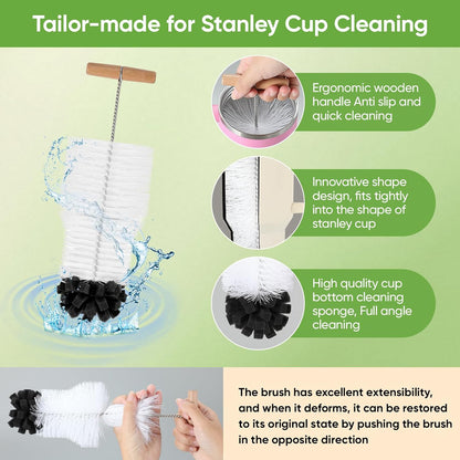 3 PCS Bottle Clean Brush Set, Long Wooden Handle Bottle Cleaner Brush for Stanley Cup Tumblers, 3 in1 Cup Lid Cleaning Brush, Long Straw Brush,Water Bottle Clean Brush Kit for Bottle Cups Coffee Mugs