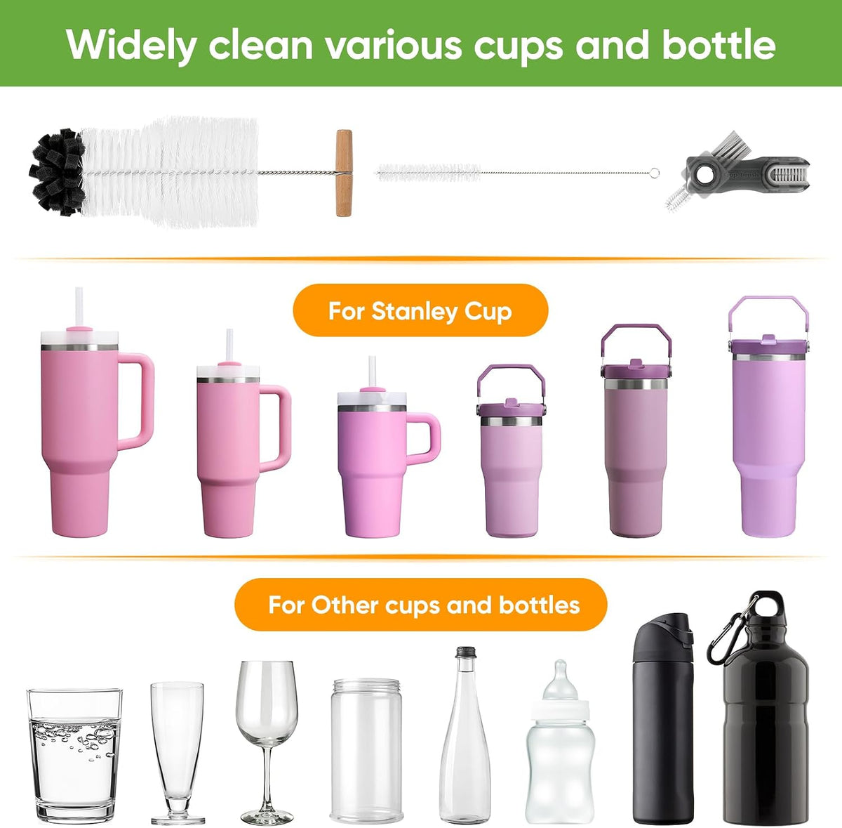 3 PCS Bottle Clean Brush Set, Long Wooden Handle Bottle Cleaner Brush for Stanley Cup Tumblers, 3 in1 Cup Lid Cleaning Brush, Long Straw Brush,Water Bottle Clean Brush Kit for Bottle Cups Coffee Mugs