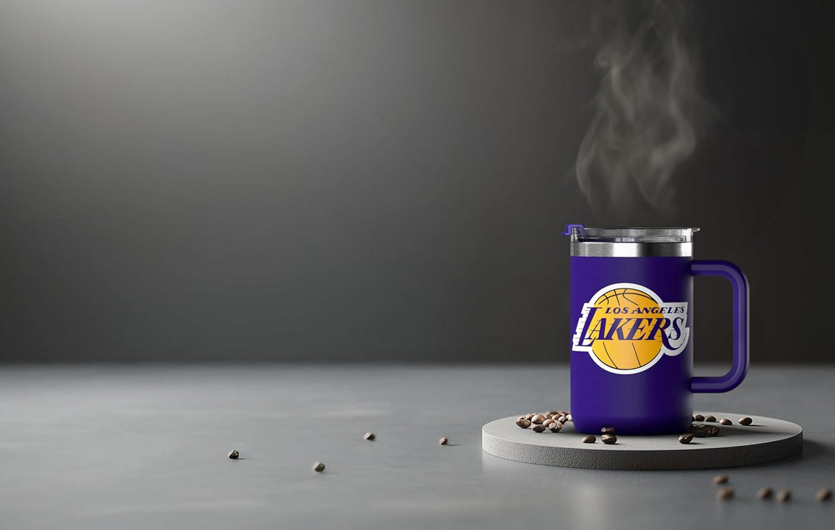 NBA Officially Licensed Los Angeles Lakers 18oz Insulated Coffee & Tea Mug with Flip Sip Lid & Handle, Stainless Steel Travel Mug