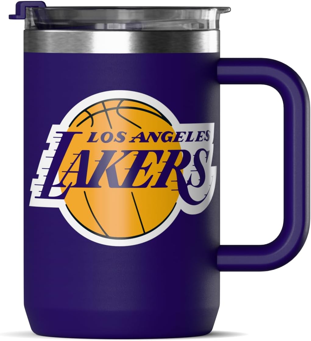 NBA Officially Licensed Los Angeles Lakers 18oz Insulated Coffee & Tea Mug with Flip Sip Lid & Handle, Stainless Steel Travel Mug