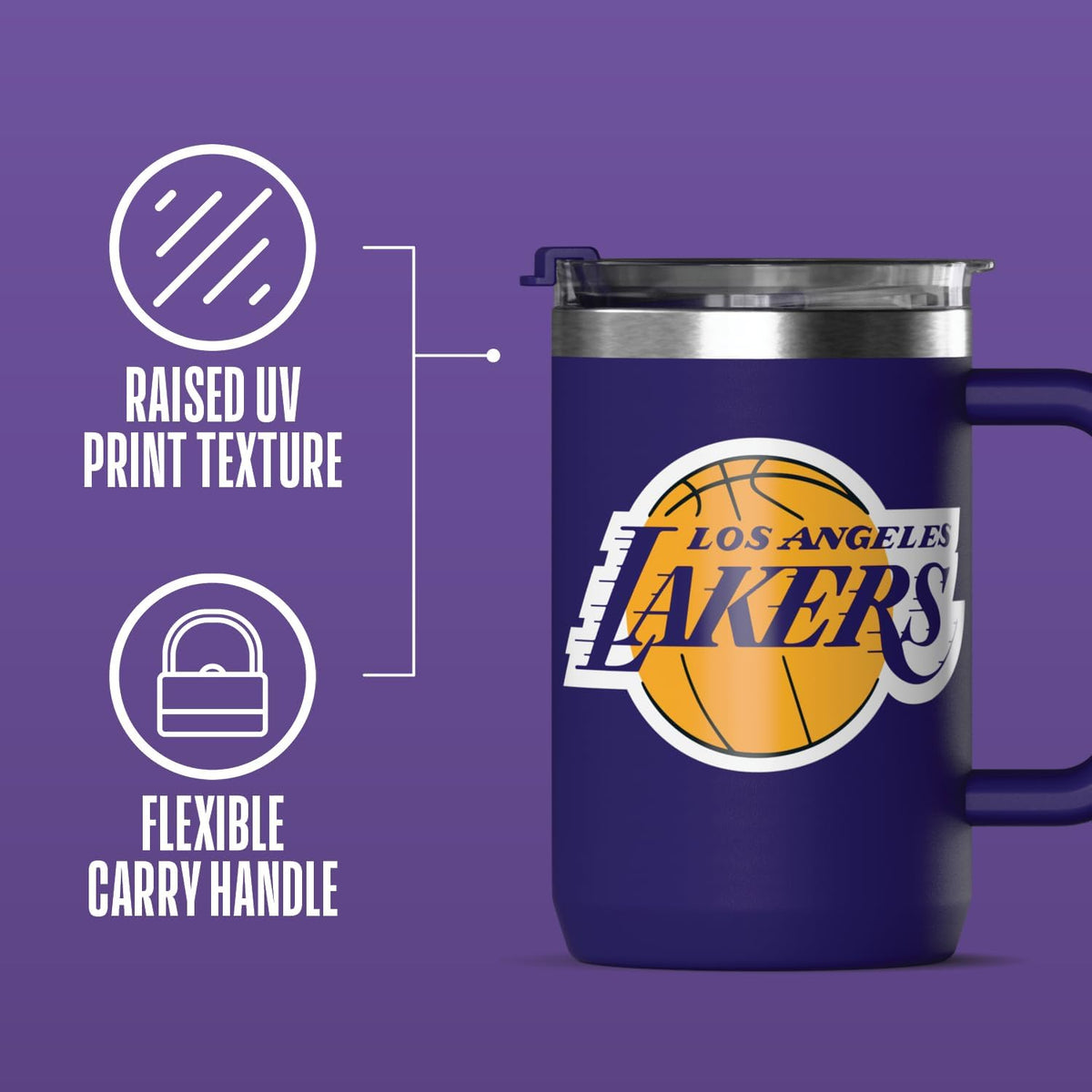 NBA Officially Licensed Los Angeles Lakers 18oz Insulated Coffee & Tea Mug with Flip Sip Lid & Handle, Stainless Steel Travel Mug