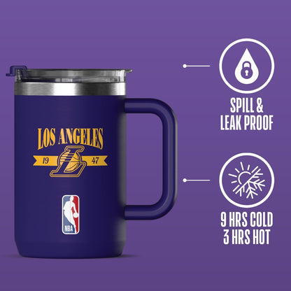 NBA Officially Licensed Los Angeles Lakers 18oz Insulated Coffee & Tea Mug with Flip Sip Lid & Handle, Stainless Steel Travel Mug