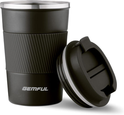 GEMFUL 13oz To Go Coffee Mug, Stainless Steel Insulated Tumbler (Black) | Vacuum-insulated Mug for Daily Commute, Durable Stainless Steel, Spill-proof Lid, BPA-free, Leak-proof, Keep Hot/Cold