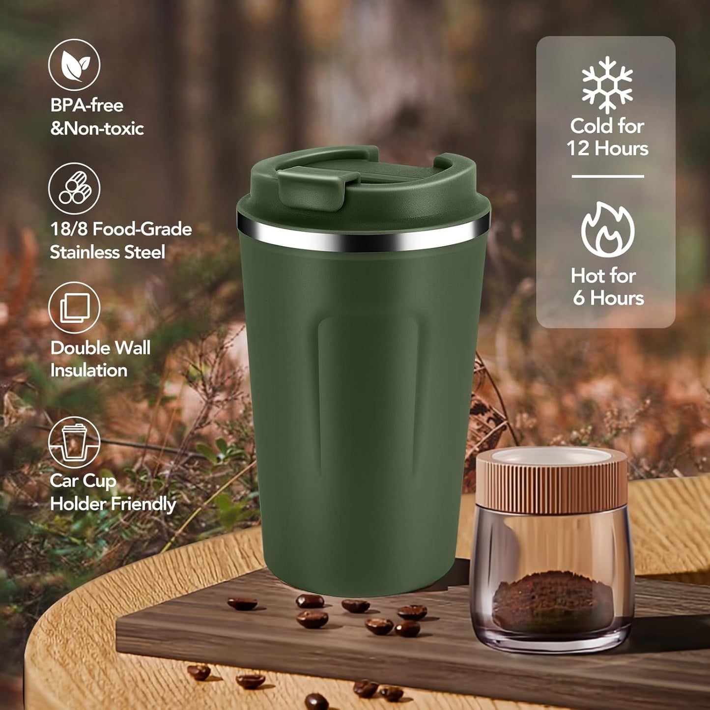 Volhoply 12 oz Double Wall Insulated Vacuum Travel Coffee Mug with Flip Lid,Reusable Stainless Steel Leak Proof Coffee Cup,Portable Iced Cafe Thermal Tumbler Suitable for Hot & Cold Drinks(Bule,1 Set)