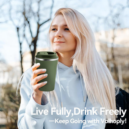 Volhoply 12 oz Double Wall Insulated Vacuum Travel Coffee Mug with Flip Lid,Reusable Stainless Steel Leak Proof Coffee Cup,Portable Iced Cafe Thermal Tumbler Suitable for Hot & Cold Drinks(Bule,1 Set)