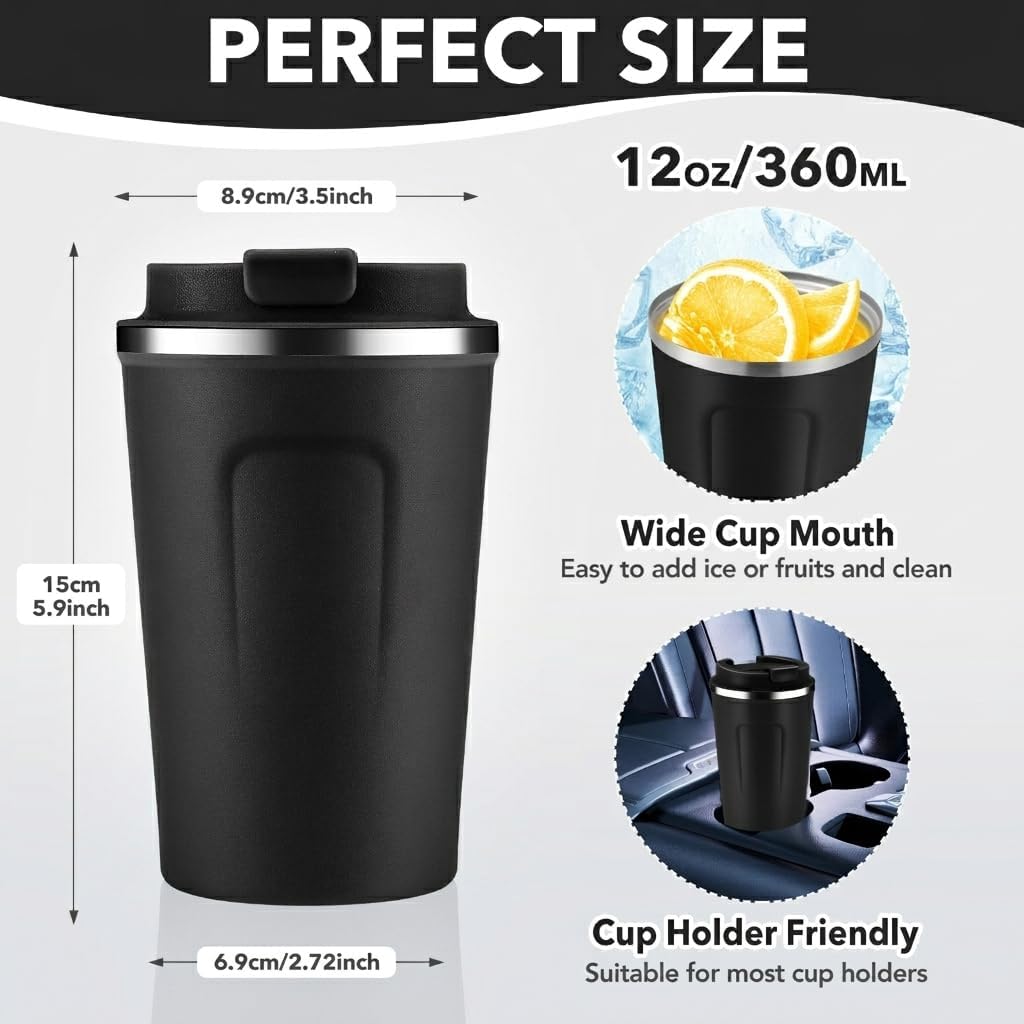 Volhoply 12 oz Double Wall Insulated Vacuum Travel Coffee Mug with Flip Lid,Reusable Stainless Steel Leak Proof Coffee Cup,Portable Iced Cafe Thermal Tumbler Suitable for Hot & Cold Drinks(Bule,1 Set)