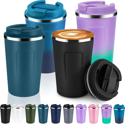 Volhoply 12 oz Double Wall Insulated Vacuum Travel Coffee Mug with Flip Lid,Reusable Stainless Steel Leak Proof Coffee Cup,Portable Iced Cafe Thermal Tumbler Suitable for Hot & Cold Drinks(Bule,1 Set)