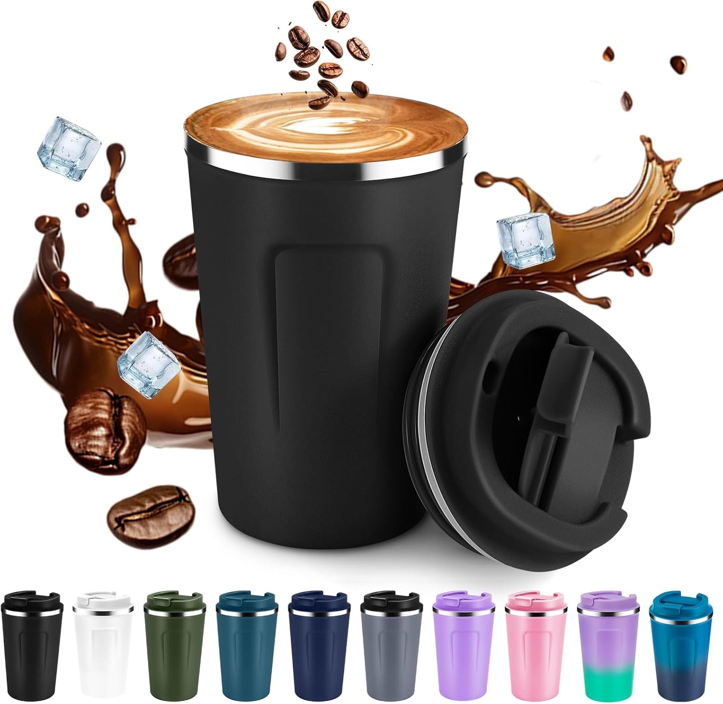 Volhoply 12 oz Double Wall Insulated Vacuum Travel Coffee Mug with Flip Lid,Reusable Stainless Steel Leak Proof Coffee Cup,Portable Iced Cafe Thermal Tumbler Suitable for Hot & Cold Drinks(Bule,1 Set)