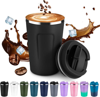 Volhoply 12 oz Double Wall Insulated Vacuum Travel Coffee Mug with Flip Lid,Reusable Stainless Steel Leak Proof Coffee Cup,Portable Iced Cafe Thermal Tumbler Suitable for Hot & Cold Drinks(Bule,1 Set)