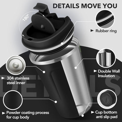 Volhoply 12 oz Double Wall Insulated Vacuum Travel Coffee Mug with Flip Lid,Reusable Stainless Steel Leak Proof Coffee Cup,Portable Iced Cafe Thermal Tumbler Suitable for Hot & Cold Drinks(Bule,1 Set)