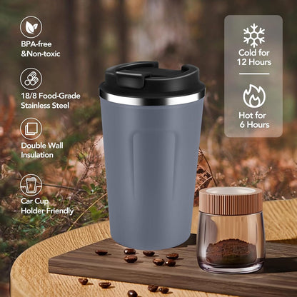 Volhoply 12 oz Double Wall Insulated Vacuum Travel Coffee Mug with Flip Lid,Reusable Stainless Steel Leak Proof Coffee Cup,Portable Iced Cafe Thermal Tumbler Suitable for Hot & Cold Drinks(Bule,1 Set)
