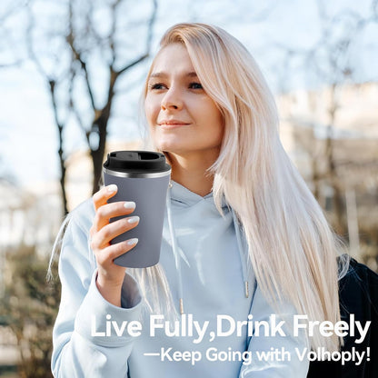 Volhoply 12 oz Double Wall Insulated Vacuum Travel Coffee Mug with Flip Lid,Reusable Stainless Steel Leak Proof Coffee Cup,Portable Iced Cafe Thermal Tumbler Suitable for Hot & Cold Drinks(Bule,1 Set)