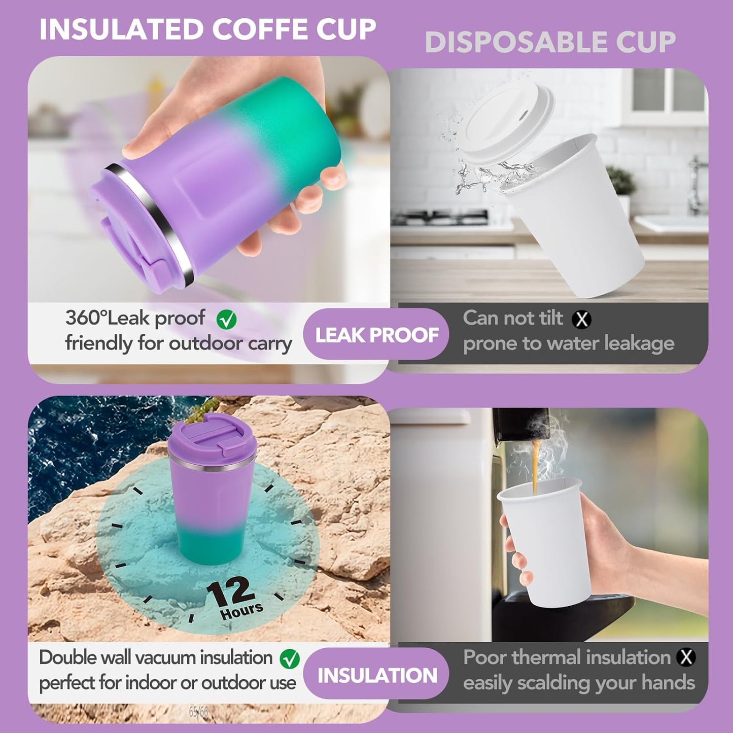 Volhoply 12 oz Double Wall Insulated Vacuum Travel Coffee Mug with Flip Lid,Reusable Stainless Steel Leak Proof Coffee Cup,Portable Iced Cafe Thermal Tumbler Suitable for Hot & Cold Drinks(Bule,1 Set)
