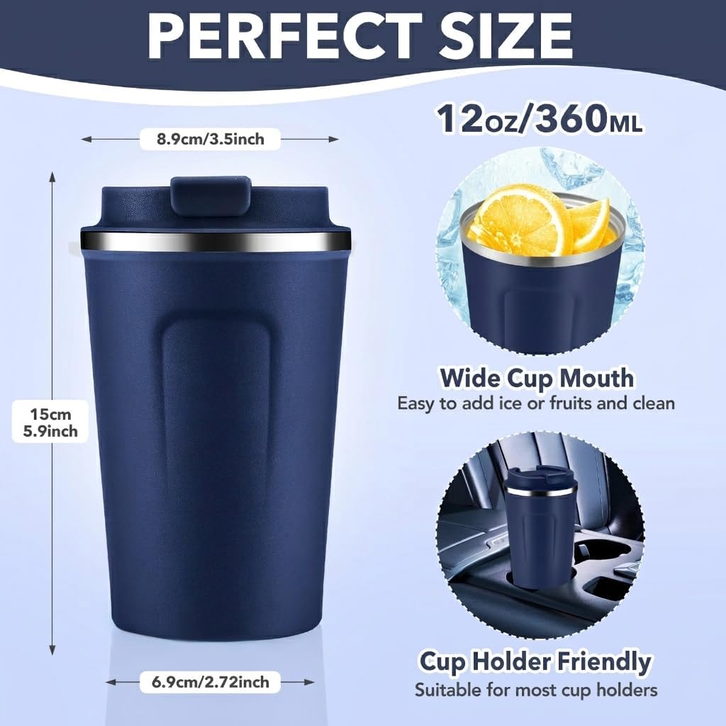 Volhoply 12 oz Double Wall Insulated Vacuum Travel Coffee Mug with Flip Lid,Reusable Stainless Steel Leak Proof Coffee Cup,Portable Iced Cafe Thermal Tumbler Suitable for Hot & Cold Drinks(Bule,1 Set)