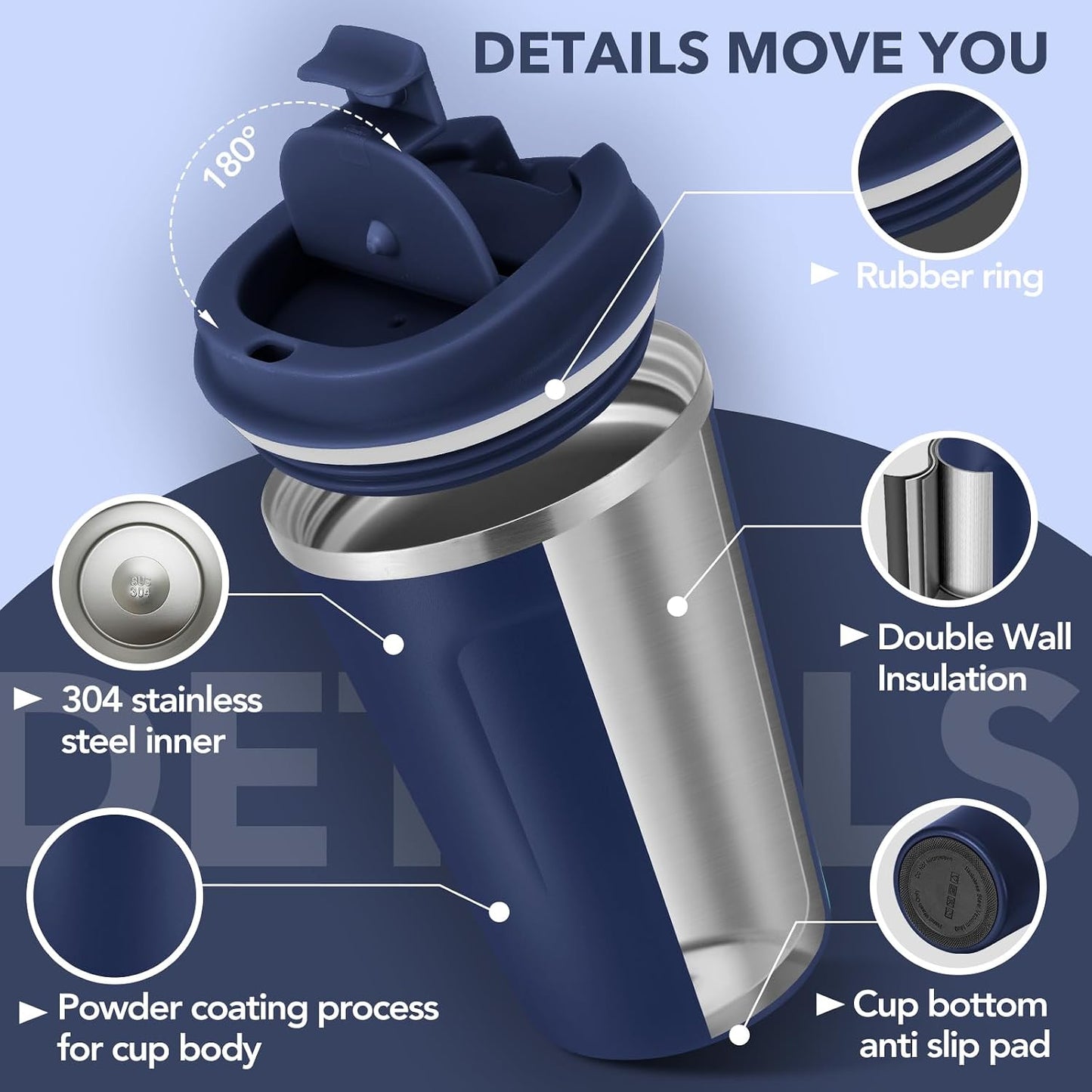 Volhoply 12 oz Double Wall Insulated Vacuum Travel Coffee Mug with Flip Lid,Reusable Stainless Steel Leak Proof Coffee Cup,Portable Iced Cafe Thermal Tumbler Suitable for Hot & Cold Drinks(Bule,1 Set)