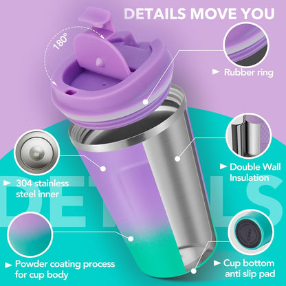 Volhoply 12 oz Double Wall Insulated Vacuum Travel Coffee Mug with Flip Lid,Reusable Stainless Steel Leak Proof Coffee Cup,Portable Iced Cafe Thermal Tumbler Suitable for Hot & Cold Drinks(Bule,1 Set)