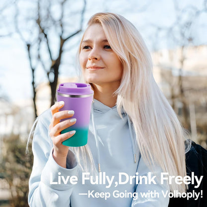 Volhoply 12 oz Double Wall Insulated Vacuum Travel Coffee Mug with Flip Lid,Reusable Stainless Steel Leak Proof Coffee Cup,Portable Iced Cafe Thermal Tumbler Suitable for Hot & Cold Drinks(Bule,1 Set)