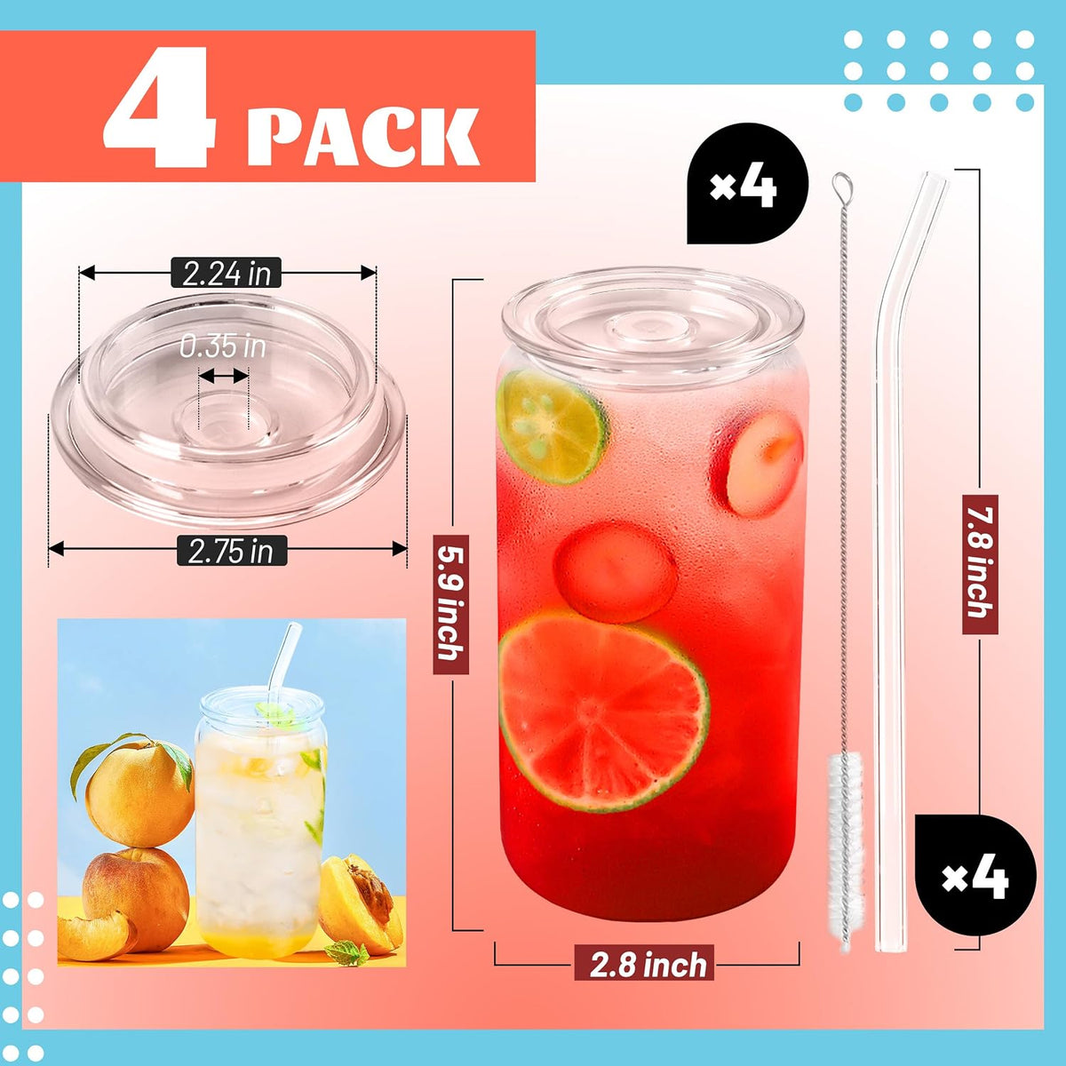 8pcs 16Oz Glass Cups with Acryic Lids and Straws Drinking Glasses