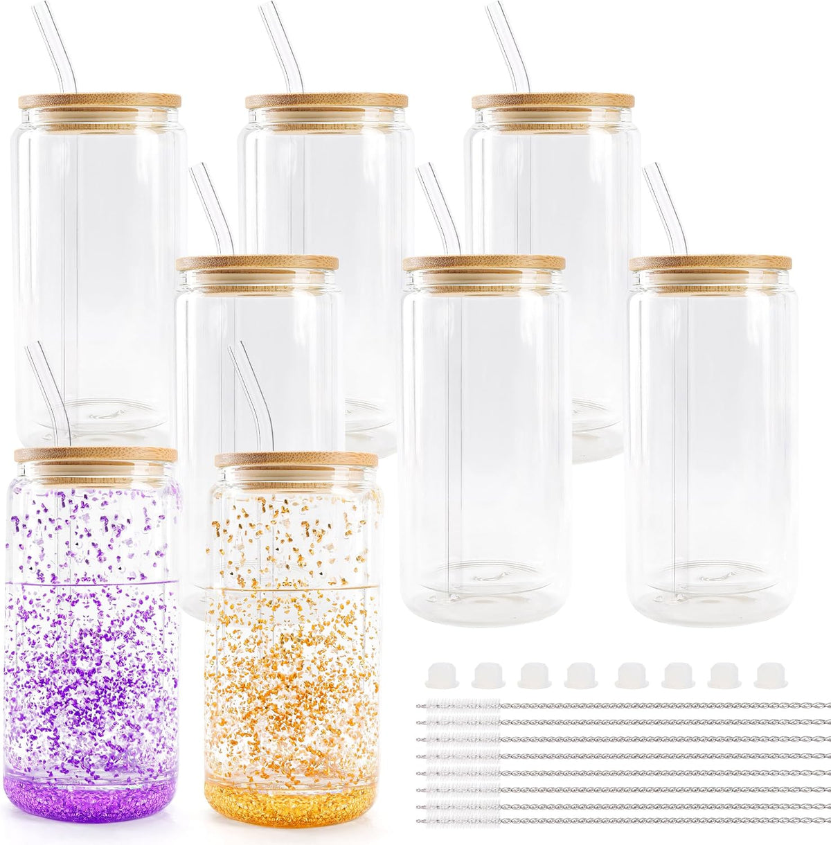8pcs 16Oz Glass Cups with Acryic Lids and Straws Drinking Glasses