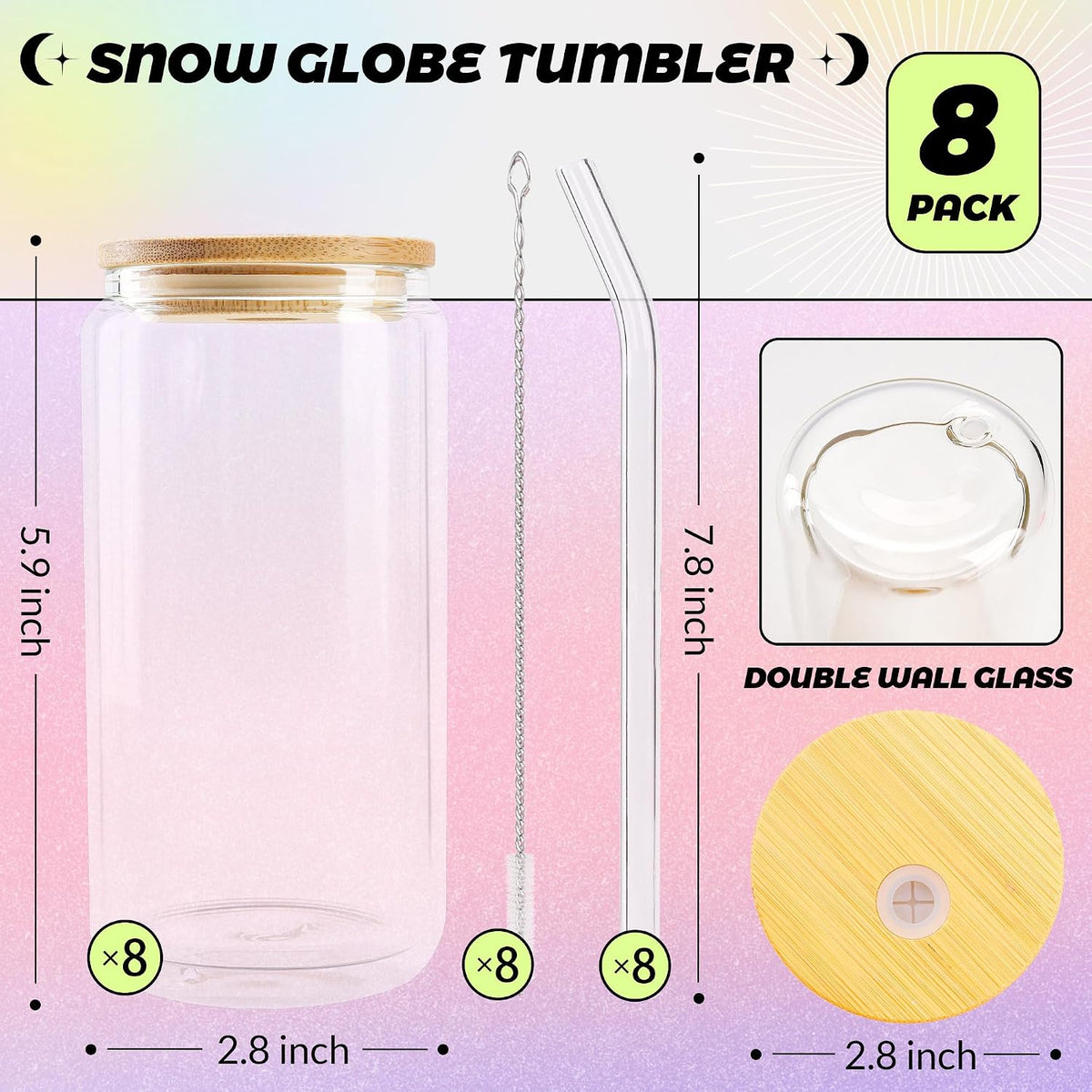 8pcs 16Oz Glass Cups with Acryic Lids and Straws Drinking Glasses