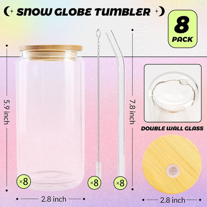 8pcs 16Oz Glass Cups with Acryic Lids and Straws Drinking Glasses