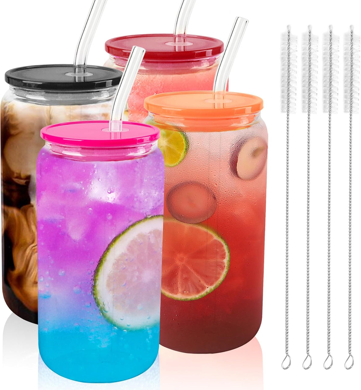 8pcs 16Oz Glass Cups with Acryic Lids and Straws Drinking Glasses