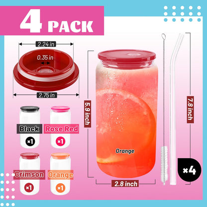 8pcs 16Oz Glass Cups with Acryic Lids and Straws Drinking Glasses