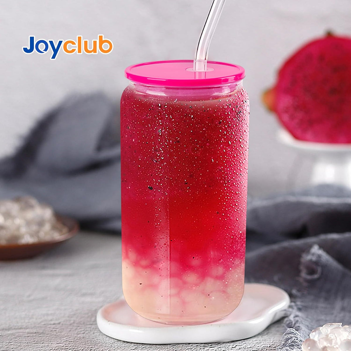 8pcs 16Oz Glass Cups with Acryic Lids and Straws Drinking Glasses