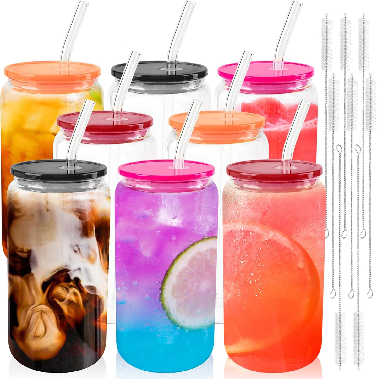 8pcs 16Oz Glass Cups with Acryic Lids and Straws Drinking Glasses