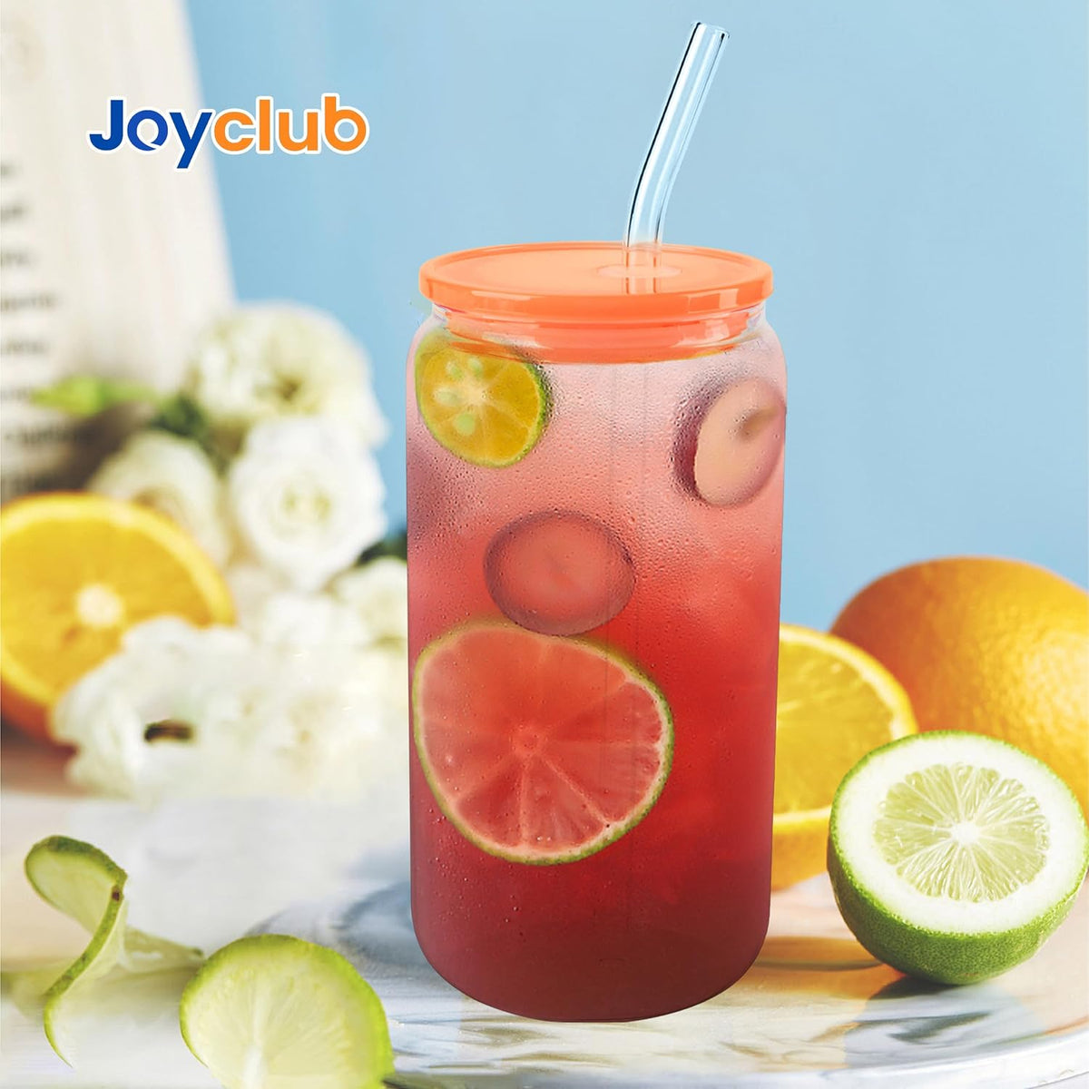 8pcs 16Oz Glass Cups with Acryic Lids and Straws Drinking Glasses