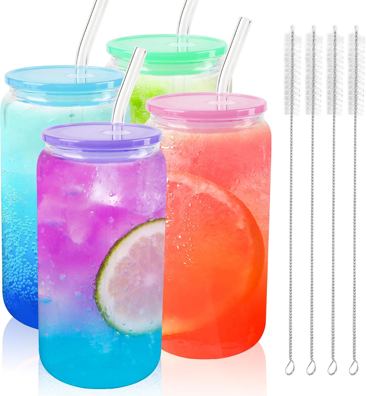 8pcs 16Oz Glass Cups with Acryic Lids and Straws Drinking Glasses