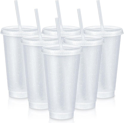 6 Pcs 24 oz Reusable Tumbler with Lid Straw, Glitter Cup, Clear