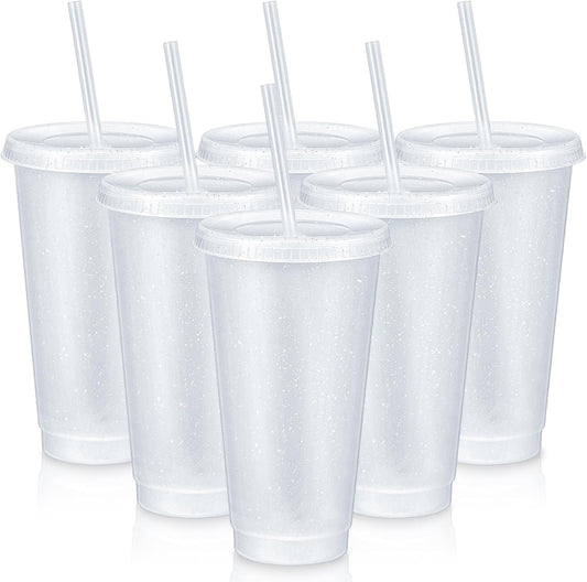 6 Pcs 24 oz Reusable Tumbler with Lid Straw, Glitter Cup, Clear